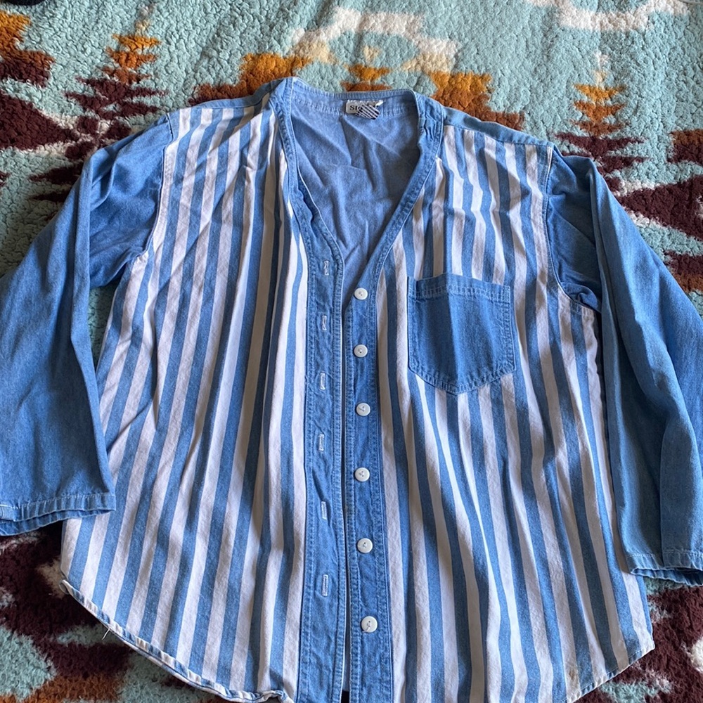 Signal button down denim and white striped long sleeve